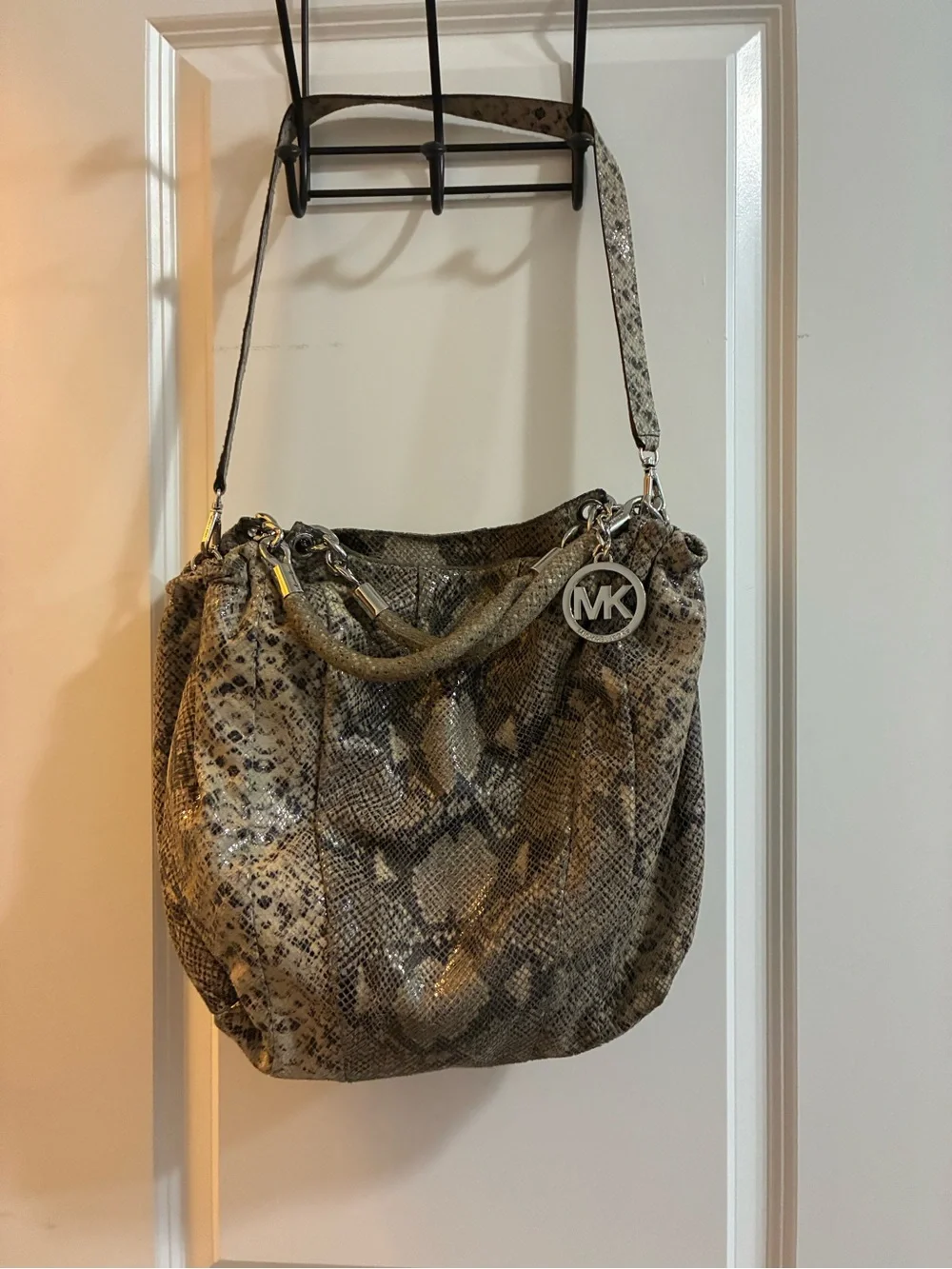 Michael Kors Brown Taupe Snake-Print Shoulder Bag